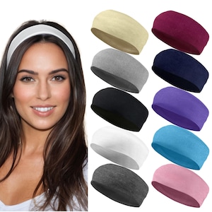 May include: Set of 10 colorful headbands in various colors including black, white, gray, pink, blue, purple, and beige. The headbands are made of a soft, stretchy fabric and are perfect for keeping hair out of your face.