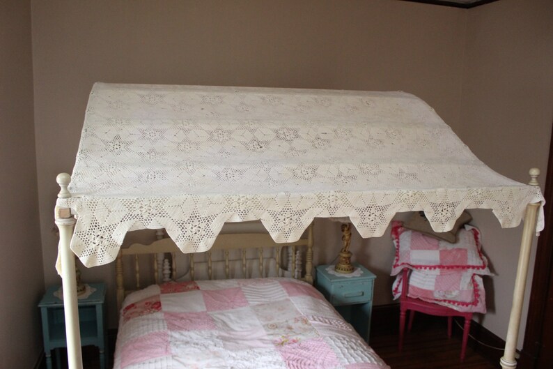 Vintage canopy full bed frame shabby chic crochet topper Etsy