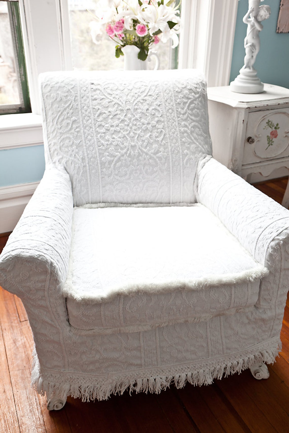 Antique chair white vintage matelasse bedspread shabby chic Etsy
