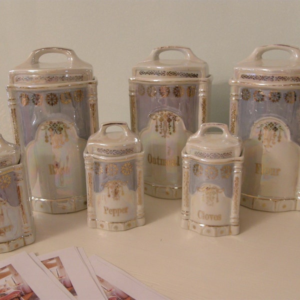 antique German canister set  spice jars irredescent glaze with rare coffee grinder czechoslovakia