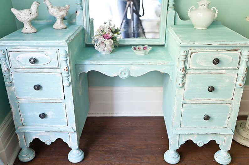 Antique vanity shabby chic aqua blue distressed dressing make Etsy
