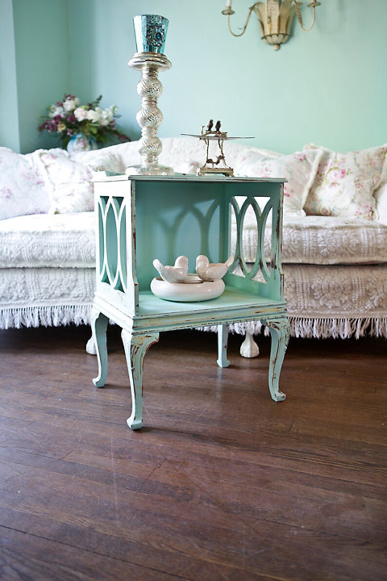 Vintage shabby chic nightstand end table distressed aqua blue Etsy