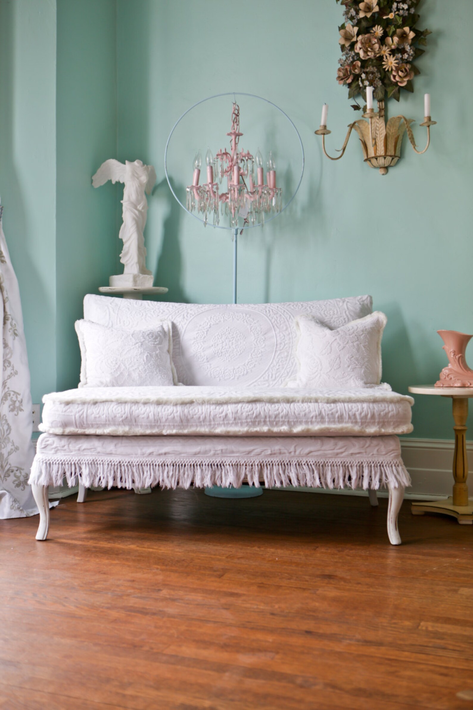 Shabby chic loveseat settee white slipcover matelasse Etsy