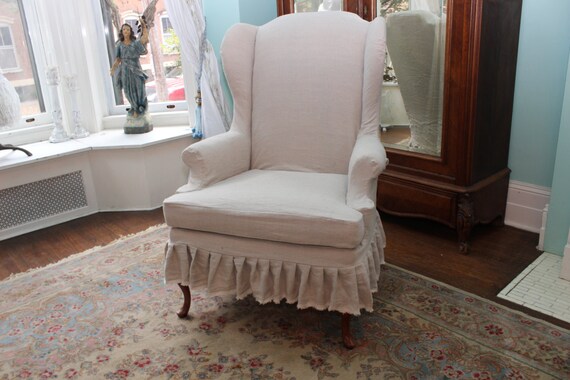 Items similar to slipcovered wingback chair french linen ...