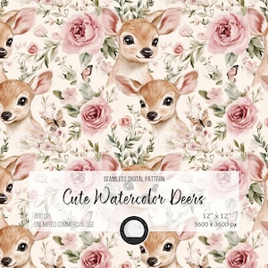 Adorable Baby Deer Seamless Pattern | Woodland Floral Fabric for Sublimation, Nursery Decor, Scrapbook and Fabric Printing