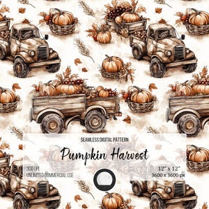 Könnte beinhalten: Ein nahtloses digitales Muster mit einem Vintage-LKW, der eine Ladefläche voller Kürbisse transportiert. Der LKW ist braun und hat eine Holzladefläche. Die Kürbisse sind orange und braun und von Herbstblättern umgeben. Das Muster ist 30,48 cm x 30,48 cm groß und hat eine Auflösung von 3600 Pixel x 3600 Pixel. Das Muster hat eine Auflösung von 300 DPI und ist für unbegrenzten kommerziellen Gebrauch bestimmt.
