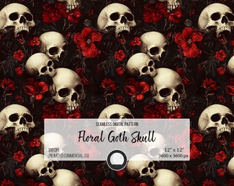 Gothic Skull Floral Pattern: Dark Red Rose Seamless Design (Digital Download)