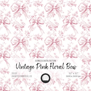 Romantic Pink Coquette Bow Seamless Pattern PNG SVG | Fancy Floral Love Digital Paper for Crafts, Pink Toile Wallpaper & Scrapbook Design