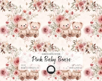Pink Teddy Bear Seamless Pattern: Watercolor Nursery Fabric (Digital Download)
