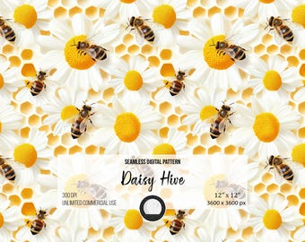 Wzór Daisy Hive Seamless | Jasny wzór pszczół i plastra miodu do rękodzieła, dekoracji i sublimacji