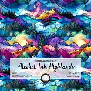 May include: Seamless digital pattern titled "Alcohol Ink Highlands." The design features a colorful, abstract landscape of mountains, trees, and clouds in shades of blue, purple, orange, and green. The image is 12" x 12" and 3600 x 3600 px.