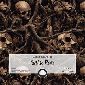 May include: A seamless digital pattern featuring a dark brown background with intertwined tree roots and skulls. The pattern is 12 inches by 12 inches and 3600 pixels by 3600 pixels.