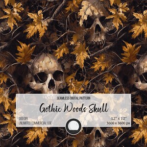 May include: Seamless digital pattern featuring a skull surrounded by autumn leaves and branches. The pattern is 12 inches by 12 inches and 3600 pixels by 3600 pixels. The pattern is 300 DPI and for unlimited commercial use. The text "Gothic Woods Skull" is displayed on the image.