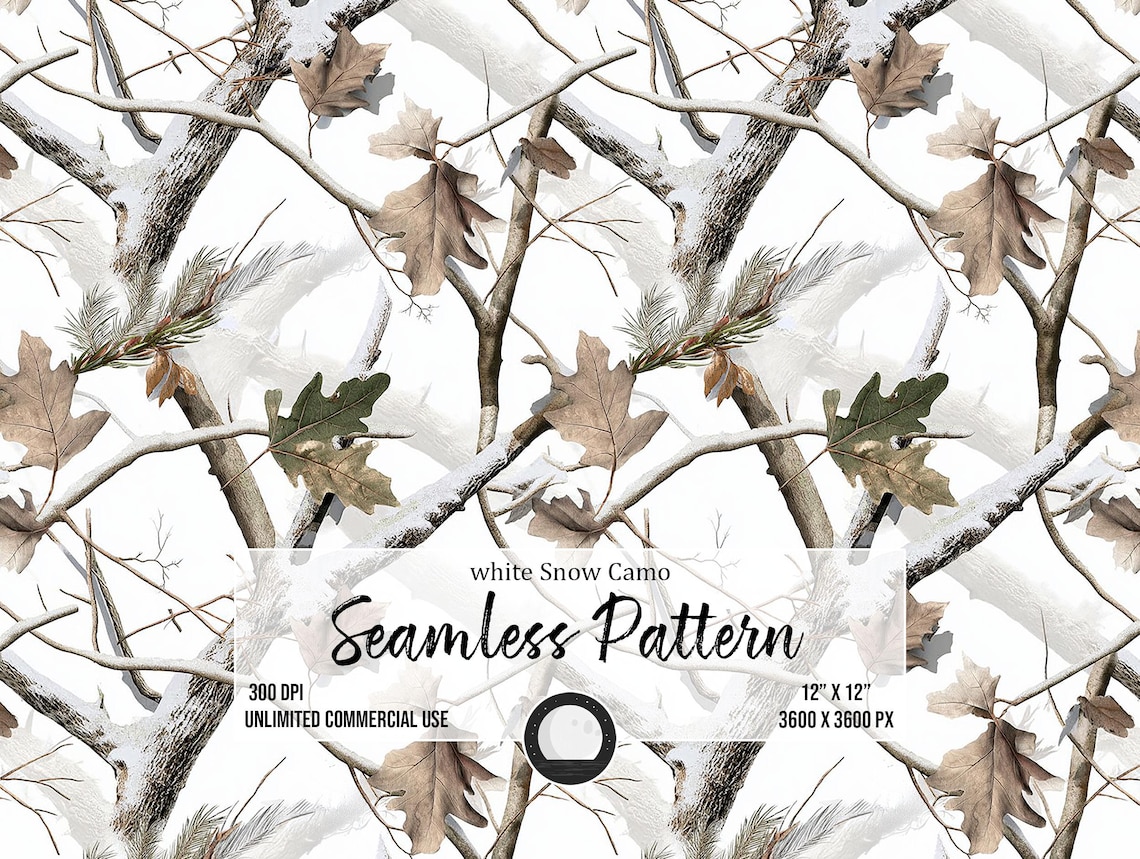 Realistic Tree Snow Camo Seamless Pattern, Winter Hunting Design (12x12 ...