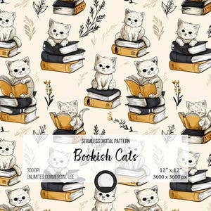Bookish Cats Seamless Pattern: Reading Kittens Digital Paper (Digital Download)