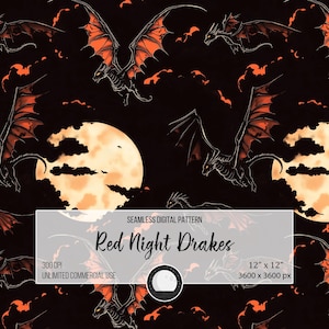 Puede incluir: Un patrón digital sin costuras que presenta dragones rojos volando frente a una luna llena en un cielo oscuro y nublado. El patrón mide 30,48 cm por 30,48 cm y 3600 píxeles por 3600 píxeles. El patrón es de 300 DPI y para uso comercial ilimitado.