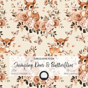 Adorable Jumping Deer & Butterfly Seamless Pattern | Fancy Floral Love Design for Sublimation, Nursery Decor, Scrapbook and Fabric Printing