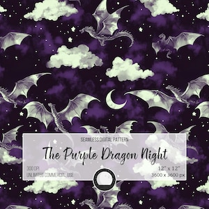 May include: A seamless digital pattern featuring purple dragons flying through a night sky with white clouds and stars. The text "The Purple Dragon Night" is displayed in a banner at the bottom of the image.
