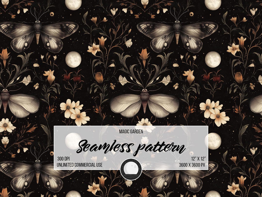 Dark Fantasy Moths and Midnight Blooms Seamless Majestic Garden Pattern ...