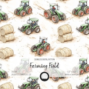 Könnte beinhalten: Ein nahtloses digitales Muster mit grünen Traktoren und Heuballen auf weißem Hintergrund. Das Muster ist 12 Zoll mal 12 Zoll groß und hat eine Auflösung von 3600 Pixel mal 3600 Pixel. Das Muster hat eine Auflösung von 300 DPI und kann uneingeschränkt kommerziell genutzt werden.