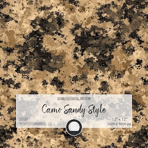 Puede incluir: Un patrón digital sin costuras con un diseño de camuflaje arenoso en tonos de marrón, beige y negro. El patrón mide 30,48 cm por 30,48 cm y 3600 píxeles por 3600 píxeles. Tiene 300 DPI y es para uso comercial ilimitado.