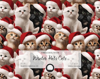 Papel digital navideño de gato: Patrón sin costuras de gorros de invierno (PNG de 12 x 12)