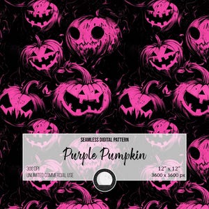 Può includere: Motivo digitale senza cuciture con zucche viola stilizzate su sfondo nero. Le zucche hanno facce intagliate e sono rese in uno stile illustrativo dettagliato. Il motivo include il testo "Purple Pumpkin" e dimensioni di 30.48 cm x 30.48 cm.