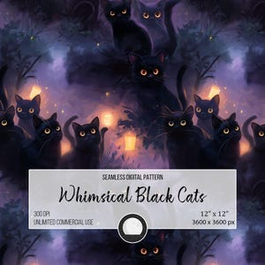 May include: A seamless digital pattern featuring whimsical black cats with glowing eyes in a dark forest setting. The pattern is 12 inches by 12 inches and 3600 pixels by 3600 pixels.