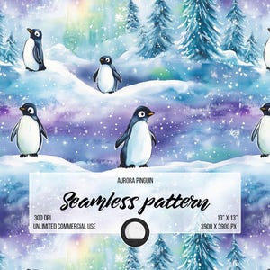 Könnte beinhalten: Nahtloses Muster mit Aquarellpinguinen in einer Schneelandschaft mit Tannen. Der Hintergrund hat einen violetten, blauen und weißen Nordlichteffekt. Der Text "Aurora Pinguin" und "Seamless pattern" werden angezeigt. Das Muster misst 33 x 33 cm.
