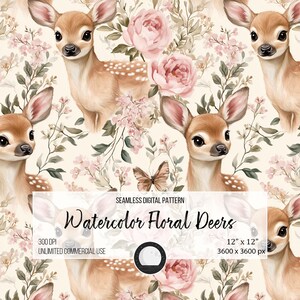 Watercolor Baby Deer Seamless Pattern | Cute Floral Woodland Fabric for Sublimation, Nursery Decor, Scrapbook and Fabric Printing