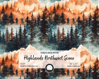 May include: A seamless digital pattern featuring a watercolour illustration of a snowy forest scene with mountains in the background. The illustration is in shades of blue, green, orange, and brown. The text "Highlands Northwest Scene" is included in the image.