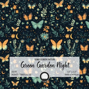 Patrón sin costuras de jardín caprichoso / Diseño de papel tapiz con mariposas y flores voladoras, estética cottagecore, 300 DPI