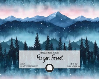 May include: A seamless digital pattern featuring a watercolour illustration of a snowy forest with a mountain range in the background. The forest is filled with pine trees and the sky is filled with stars. The text "Frozen Forest" is written in white on a white rectangle.