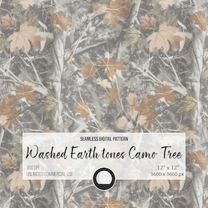 May include: Seamless digital pattern titled "Washed Earth tones Camo Tree." The design features a camouflage pattern with a blend of gray, brown, and beige tones, incorporating tree and leaf elements. The pattern is 12" x 12" and suitable for unlimited commercial use.