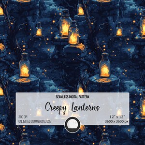 Puede incluir: Un patrón digital sin costuras con linternas brillantes en frascos de vidrio sobre un fondo azul oscuro, similar a un bosque. El texto "Creepy Lanterns" se muestra en un rectángulo blanco, con las dimensiones de 30,48 cm x 30,48 cm.
