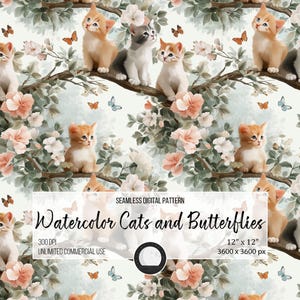 Akvarellkatter Sömlöst Mönster: Blommig Kattunge Digitalt Papper (12x12 PNG)