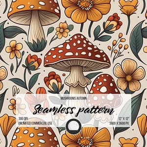 Puede incluir: Un patrón sin costuras que presenta setas rojas y naranjas con manchas blancas, rodeadas de flores amarillas y naranjas con hojas verdes. El patrón es perfecto para usar en diseños digitales e impresos.