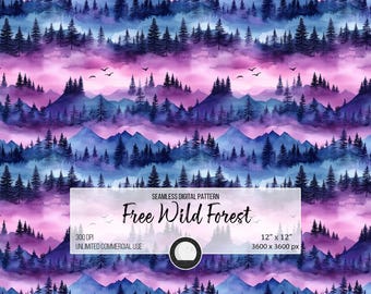 May include: Seamless digital pattern featuring a watercolor illustration of a purple and blue mountain range with a misty forest in the foreground. The text "Free Wild Forest" is displayed on a white banner.
