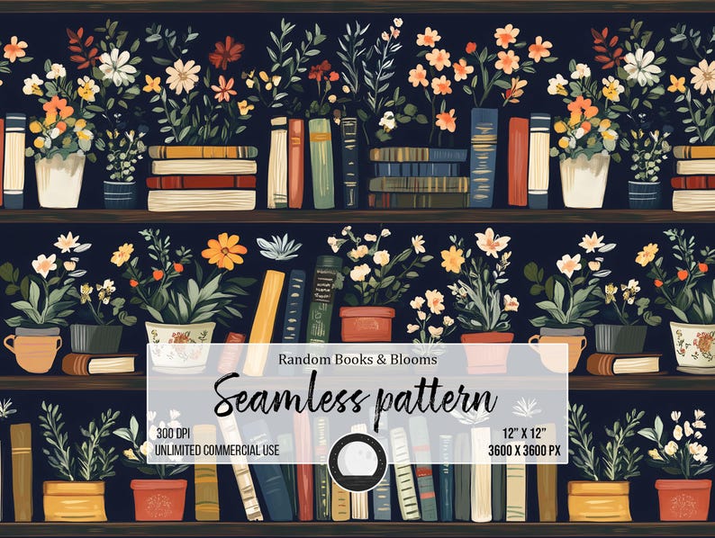 Floral Bookshelf Seamless Pattern: Library Flower Design (digital ...
