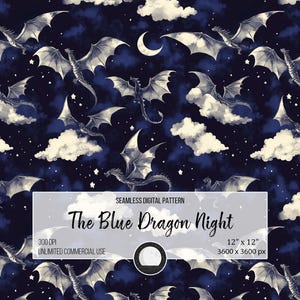 May include: A seamless digital pattern featuring blue dragons flying against a dark blue night sky with white clouds and stars. The text "The Blue Dragon Night" is displayed in a white rectangle with a black border.