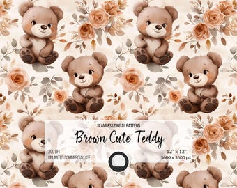 Watercolor Teddy Bear Seamless Pattern: Nursery Fabric Design (Digital Download)