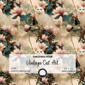 Vintage Cat Art Seamless Pattern | Floral Feline Digital Paper | 12x12 PNG, 300 DPI | Botanical Cat Clipart | Retro Aesthetic Design