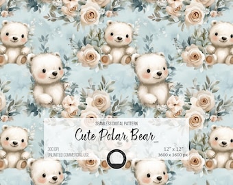 Watercolor Polar Bear Seamless Pattern: Nursery Fabric Design (Digital Download)