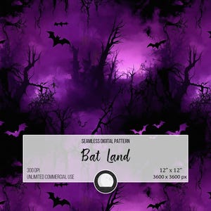 Motivo di Halloween senza soluzione di continuità "Bat Land" / Carta digitale "Foresta gotica" / PNG viola spettrale / Sfondo per album di ritagli "Witchy" / 12x12 / 300 DPI