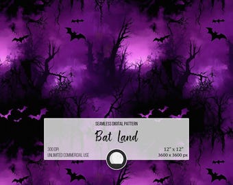 Fledermaus Land Nahtloses Halloween Muster | Gothic Wald Digitales Papier | Lila Gruseliges PNG | Witchy Scrapbook Hintergrund | 30x30cm | 300 DPI