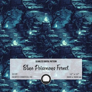 Puede incluir: Patrón digital sin costuras titulado "Blue Poisonous Forest". El diseño presenta una escena de bosque azul oscuro con botellas de pociones brillantes sobre pedestales de piedra. El patrón mide 30,48 x 30,48 cm y es para uso comercial ilimitado.