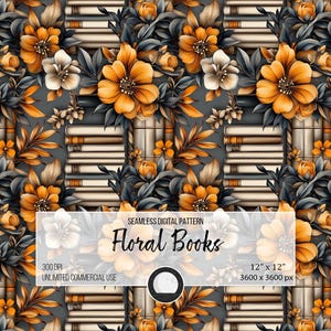 Floral Bookshelf Seamless Pattern | Digital Library Design with fall Flowers and Books for DIY Crafts & Sublimation