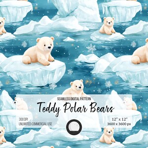 May include: Seamless digital pattern featuring adorable teddy polar bears on ice floes against a blue background. The pattern is perfect for fabric, wallpaper, or other creative projects.