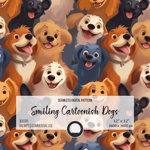 Smiling Cartoon Dogs Seamless Digital Pattern | Cute Puppy Print for DIY Crafts & Sublimation Projects, Vibrant husky-themed wallpaper