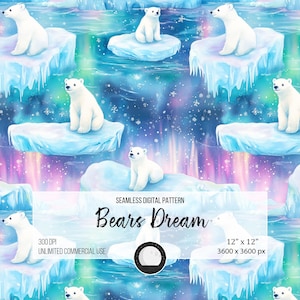 May include: A seamless digital pattern featuring polar bears on ice floes against a backdrop of a starry night sky with aurora borealis. The pattern is 12 inches by 12 inches and 3600 pixels by 3600 pixels. The pattern is 300 DPI and for unlimited commercial use.